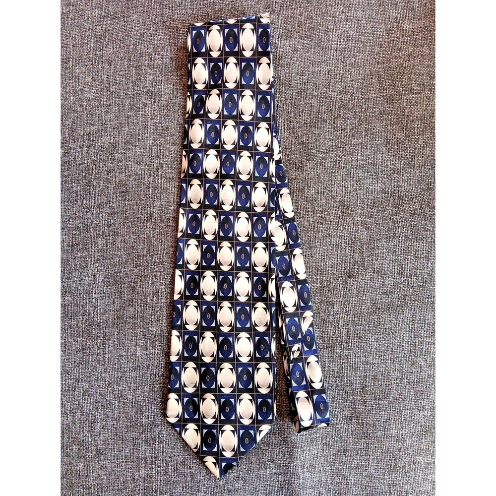 Tie 70s 80s 90s Y2K Mens Di Moggio Silk Beige Navy 4 Wide 66 Long